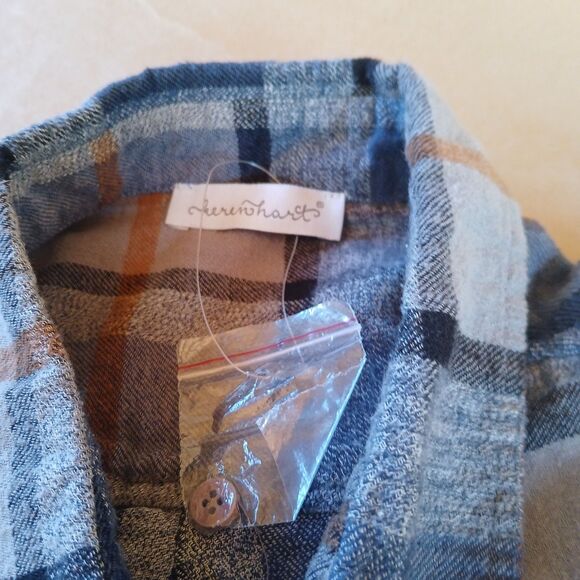 Keren Hart Flannel Button Up Shirt Long Sleeve Plaid 100% Cotton Gray L Country - Picture 3 of 8